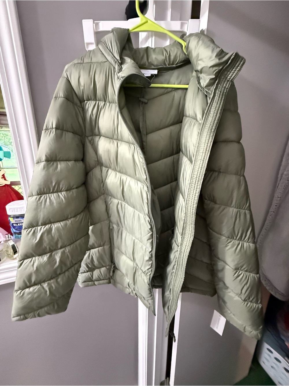 Charter Club Satin Olive Green Quilted Puffer Coat